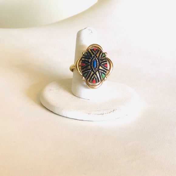 Vintage Black and Gold Glass Cab Colorful Ring - Picture 2 of 5